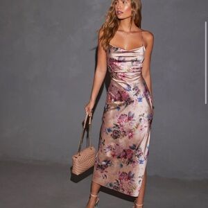 Azaria Floral Slip Lace Up Back Midi Dress